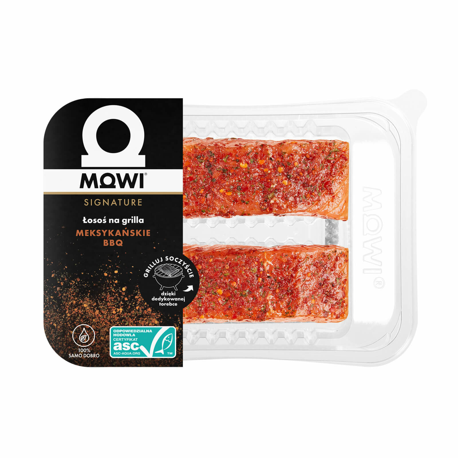 Opakowanie dwóch filetów z łososia MOWI Signature w marynacie meksykańskie BBQ z certyfikatem ASC.