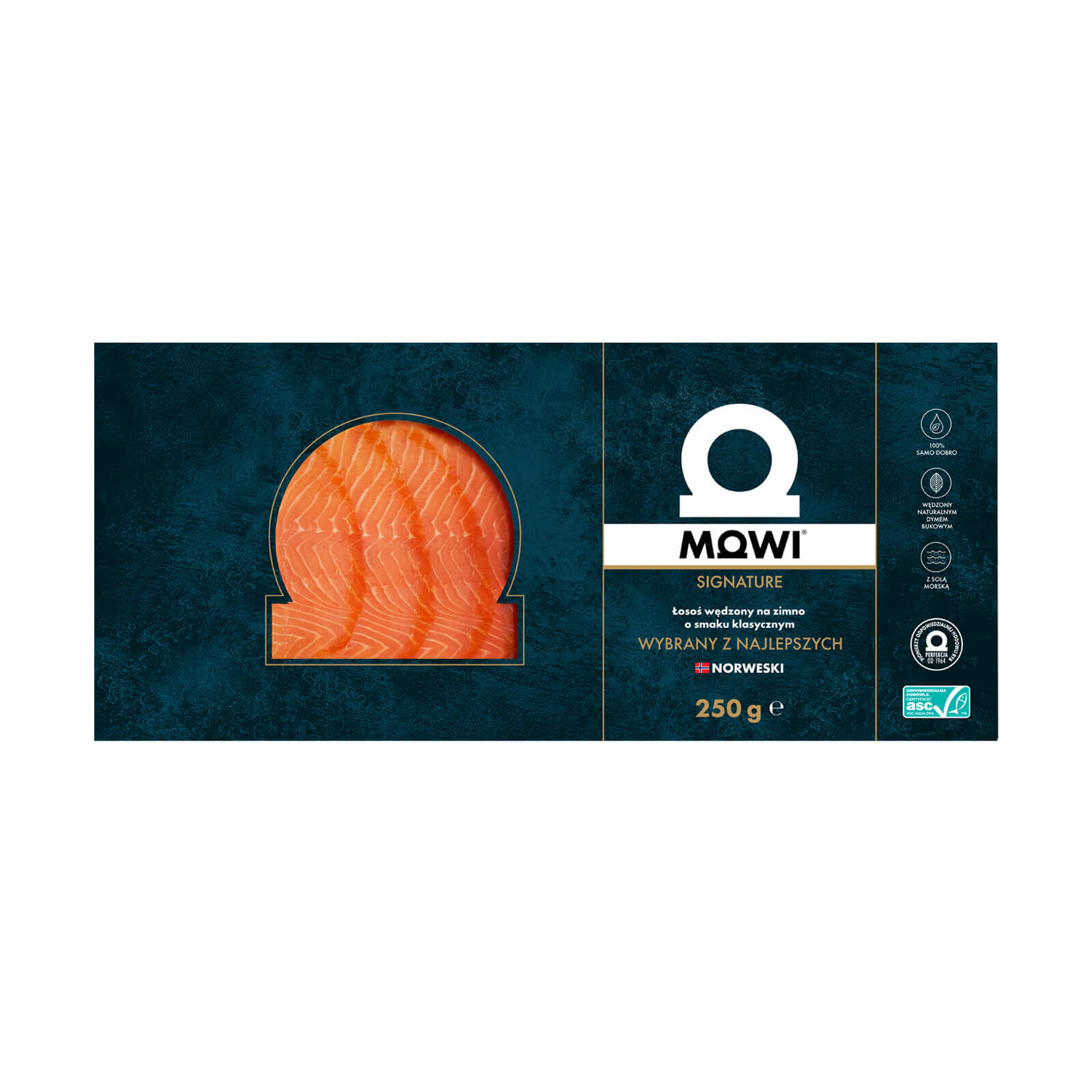 Opakowanie norweskiego łososia wędzonego na zimno marki MOWI Signature, 250 g.