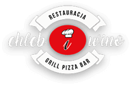 Logo restauracji Chleb i Wino z czerwoną elipsą, czapką kucharską oraz napisami informującymi o grillu, pizzy i barze.