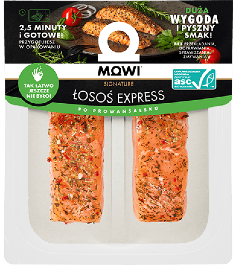 Opakowanie dwóch porcji łososia MOWI Express po prowansalsku z przyprawami, gotowego do szybkiego przygotowania.