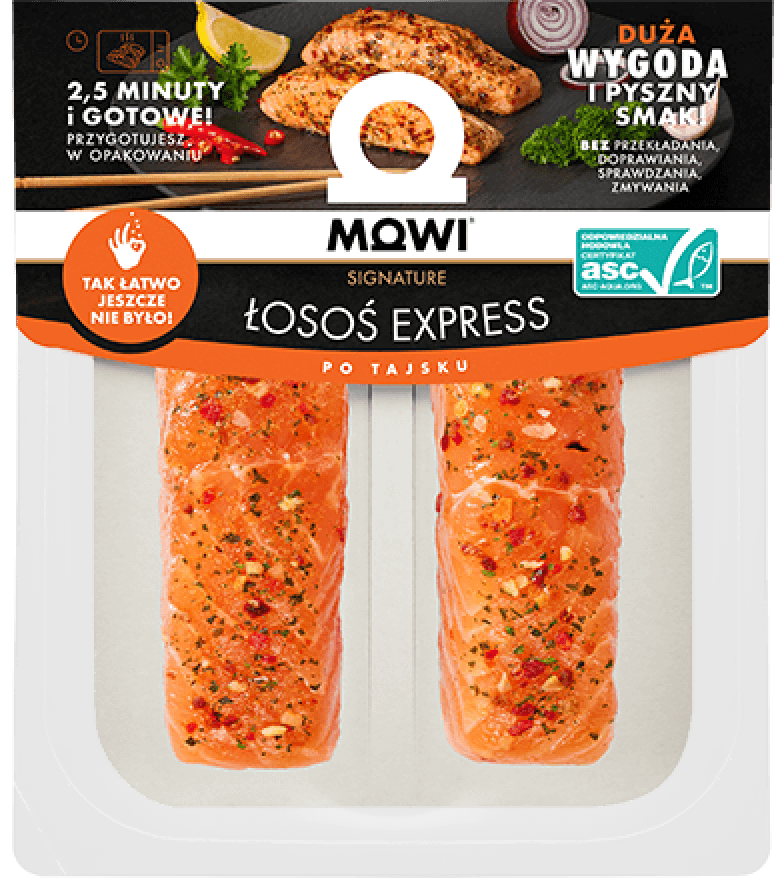 Opakowanie łososia MOWI Signature Express po tajsku z dwoma przyprawionymi filetami gotowymi do przyrządzenia w 2,5 minuty.