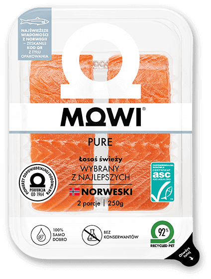 Opakowanie dwóch porcji świeżego łososia norweskiego marki Mowi Pure o wadze 250g z certyfikatem ASC.
