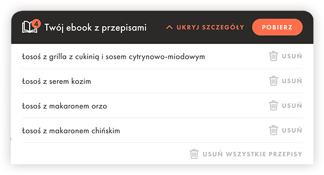 Panel z listą czterech przepisów na dania z łososia, przyciskiem pobierania e-booka oraz opcją usuwania pozycji.