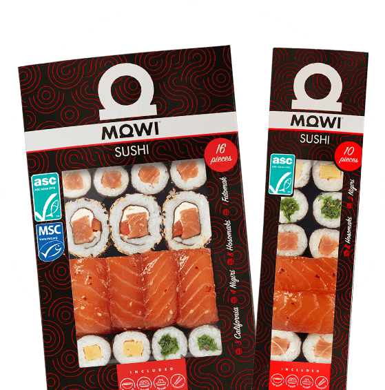 Dwa opakowania sushi marki MOWI z różnymi zestawami kawałków, certyfikatami jakości i oznaczeniem zawartości.