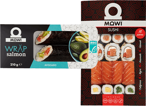 Opakowania produktów MOWI: Wrap z łososiem i awokado oraz zestaw 16 sztuk sushi z łososiem.