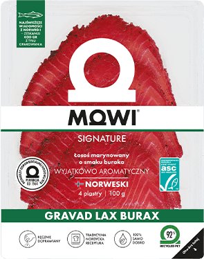 Opakowanie norweskiego łososia marynowanego o smaku buraka marki Mowi, 100 g.