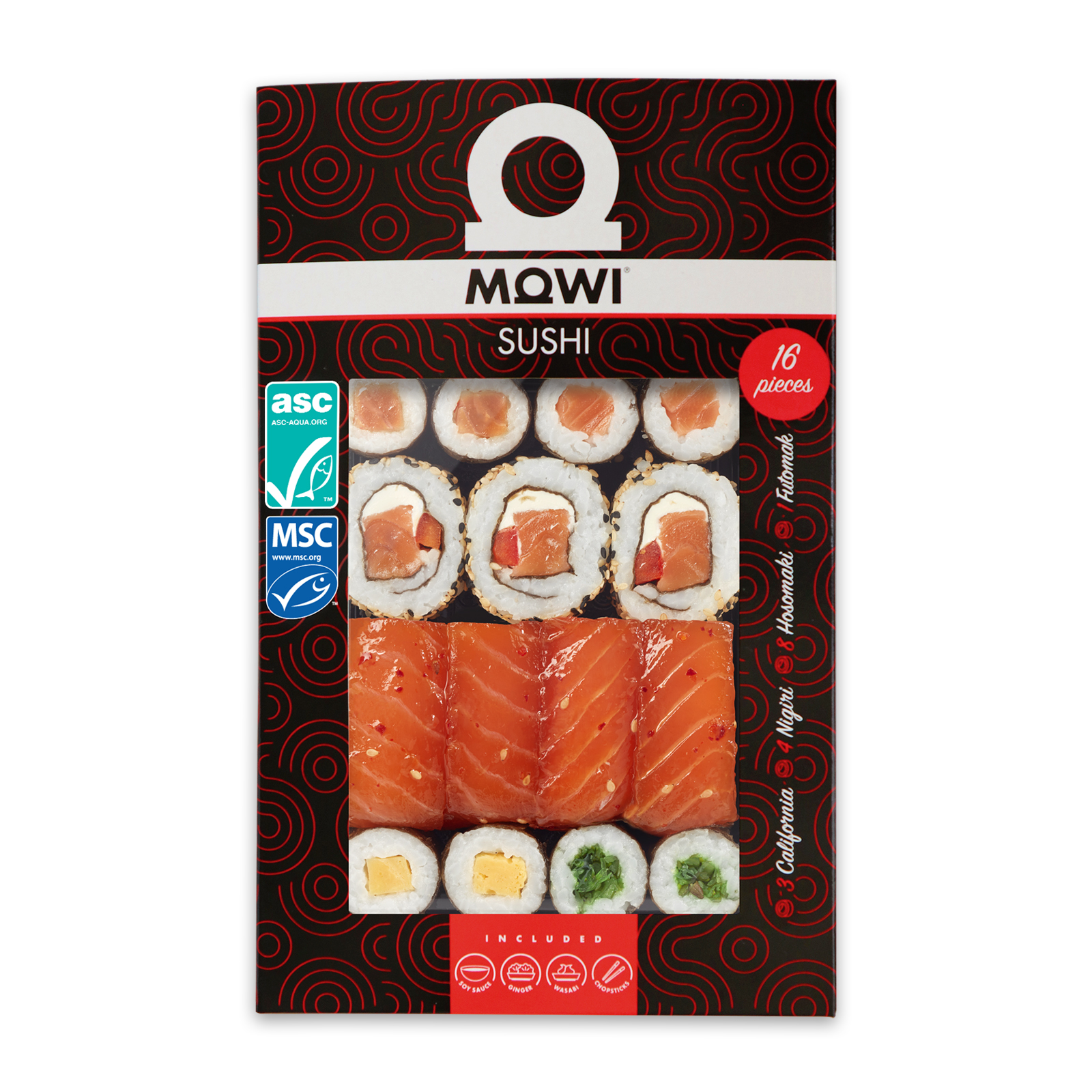 Opakowanie 16 sztuk sushi marki MOWI z łososiem, zestaw zawiera sos sojowy, imbir, wasabi i pałeczki.