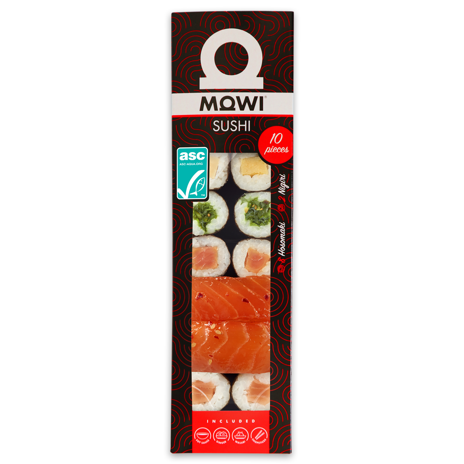 Opakowanie sushi Mowi zawierające 10 sztuk: nigiri z łososiem, hosomaki z łososiem i warzywami oraz dodatki.