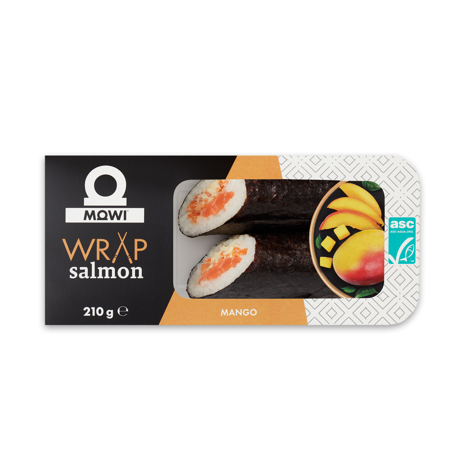 Opakowanie sushi Mowi Wrap z łososiem i mango, 210 g, z widocznym przekrojem produktu i certyfikatem ASC.