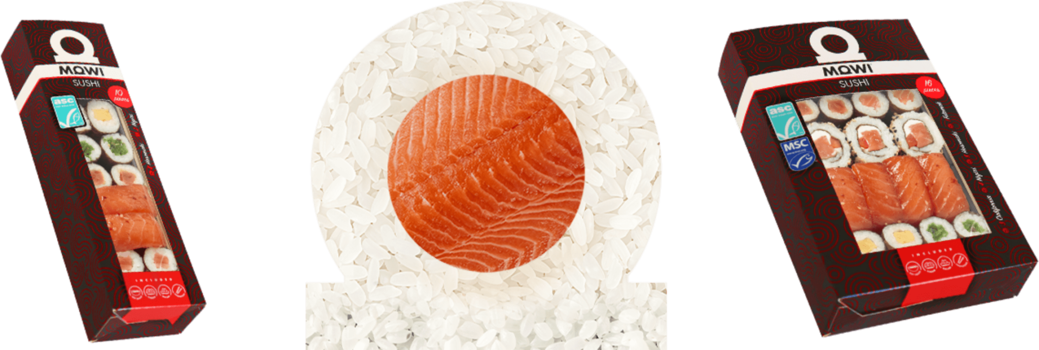 Dwa opakowania sushi marki Mowi po bokach oraz plaster surowego łososia na tle ziarenek ryżu pośrodku.