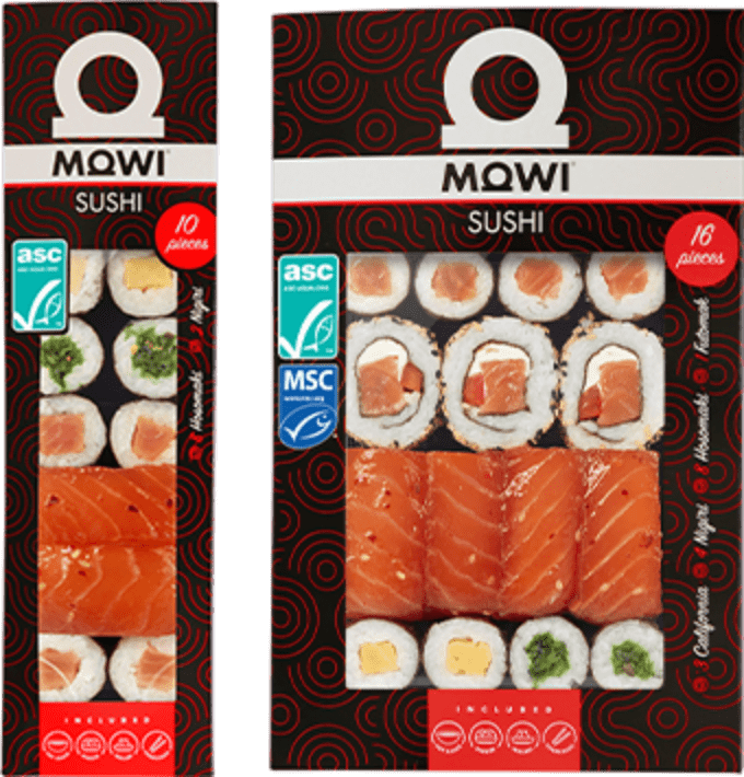 Dwa opakowania sushi marki MOWI w zestawach po 10 i 16 sztuk, z widocznymi kawałkami łososia i innymi składnikami.