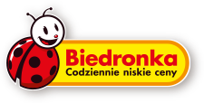 Logo Biedronka: uśmiechnięta biedronka, nazwa Biedronka w żółtym prostokącie i hasło 