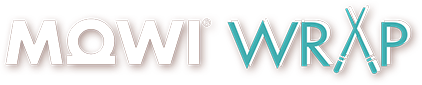 Logo MOWI WRAP. Biały napis MOWI z Ω zamiast O, obok turkusowy WRAP z pałeczkami do jedzenia zamiast A.