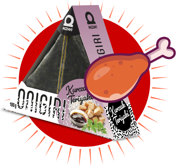 Trójkątne opakowanie onigiri Mowi o smaku kurczaka teriyaki na tle czerwonego koła z grafiką pieczonego udka kurczaka.