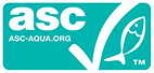 Turkusowe logo certyfikatu Aquaculture Stewardship Council (ASC) z symbolem ryby.