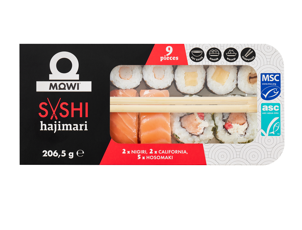 Opakowanie sushi MOWI Hajimari zawierające 9 sztuk: nigiri, california i hosomaki, z pałeczkami wewnątrz.