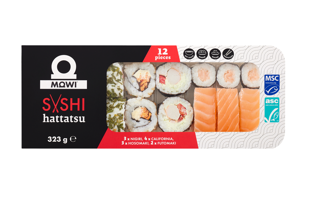 Opakowanie 12 sztuk sushi Mowi Hattatsu zawierające nigiri, california rolls, hosomaki i futomaki.